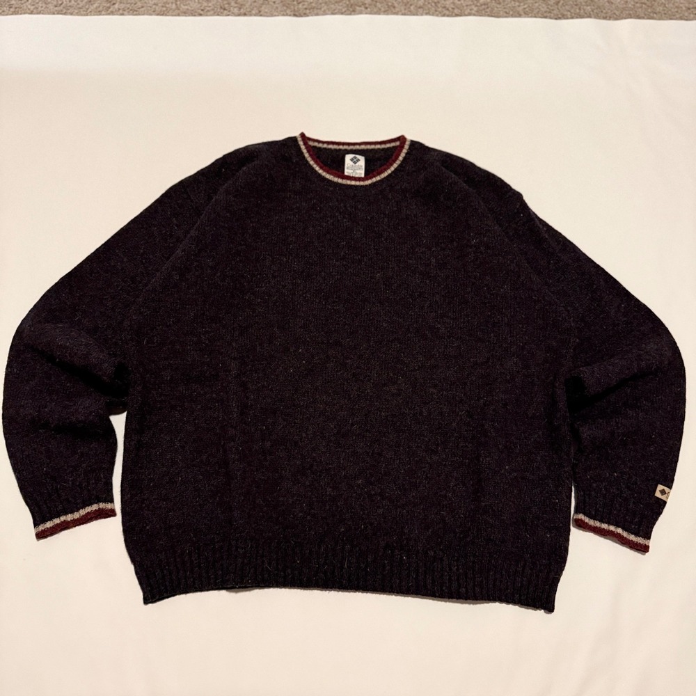 Columbia Sweater Mens XL Charcoal Grey 2000s Shetland Wool Crewneck Striped Trim